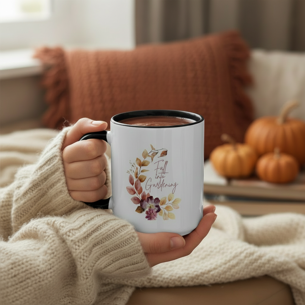 Person holding a mug with 'Fall into Gardening' text and autumn-themed design, surrounded by pumpkins and cozy decor.