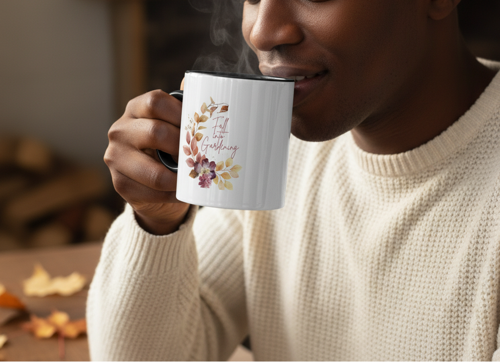 Person holding a mug with 'Fall into Gardening' text and autumn-themed design, surrounded by pumpkins and cozy decor.