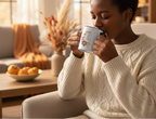 Woman in a cozy living room drinking from a mug