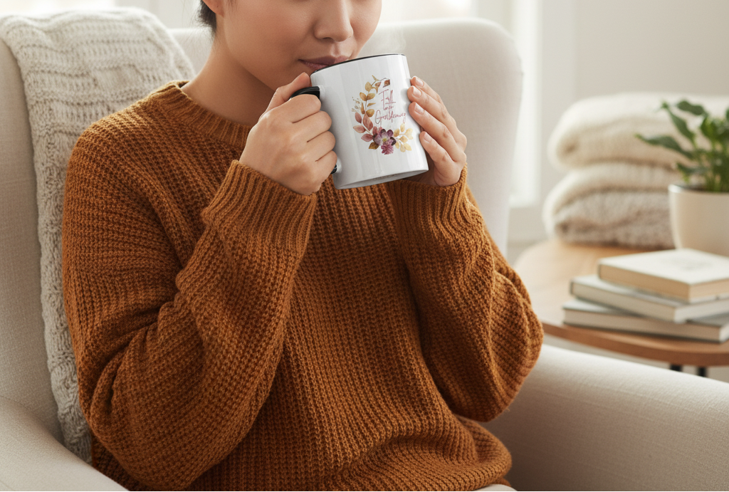 Person in a brown sweater holding a mug with a floral design, sitting on a couch.