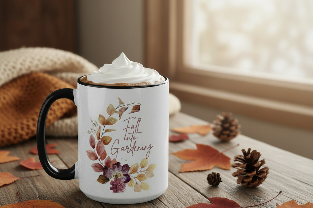 White mug with black handle featuring autumn-themed design and text, filled with hot chocolate and whipped cream, on a wooden surface with fall leaves and pinecones.