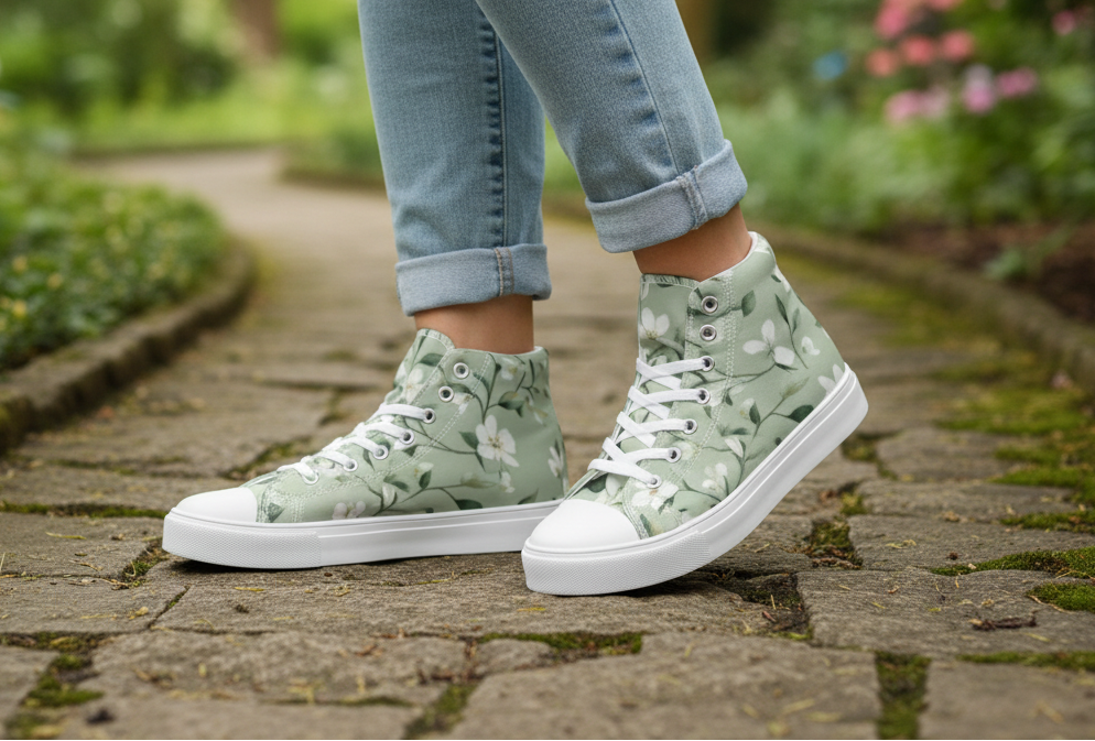 Green floral high-top sneakers worn on a stone path with a garden background