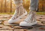 White high-top sneakers with leaf pattern worn outdoors on a stone path.