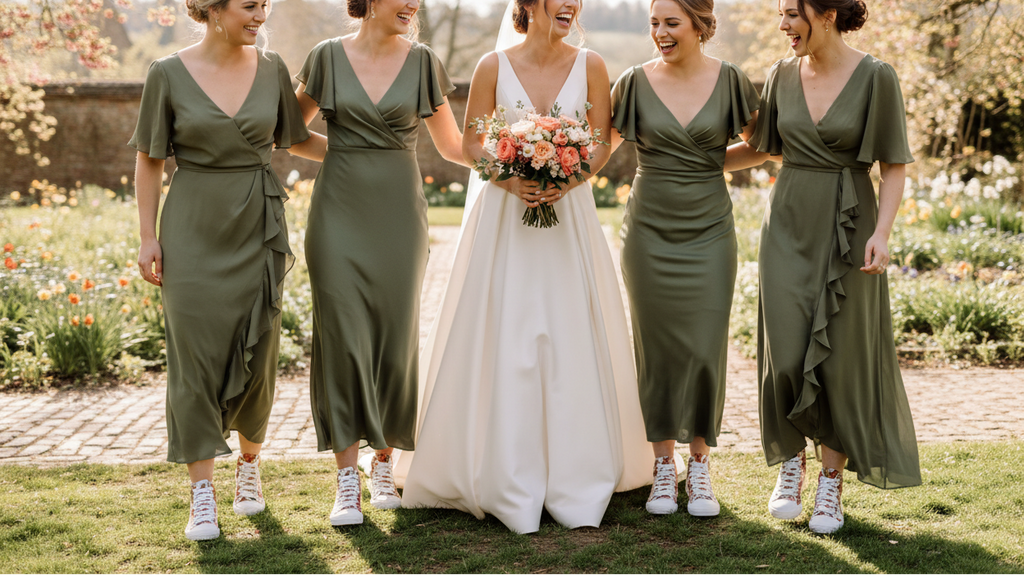 Bride in a white dress with floral bouquet surrounded by four women in green dresses outdoors.