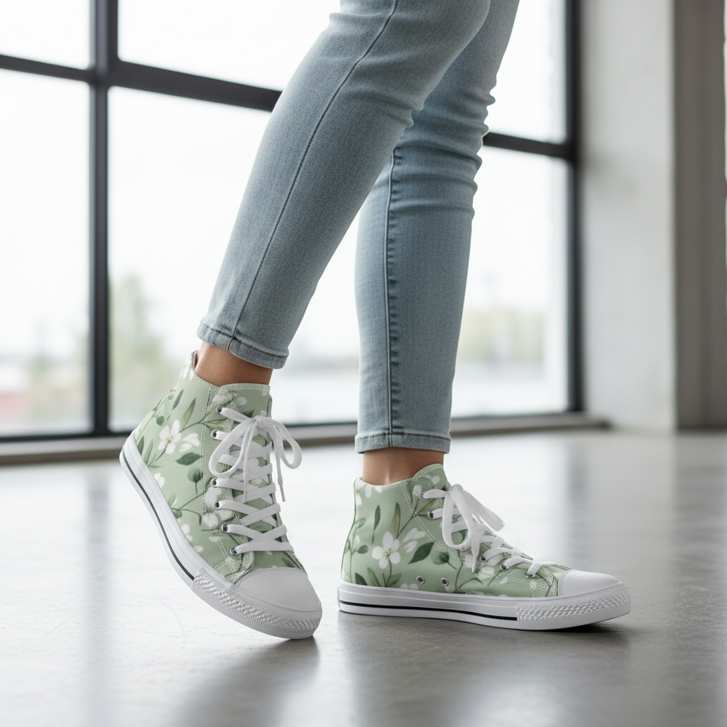 Green floral sneakers worn with light blue jeans indoors.