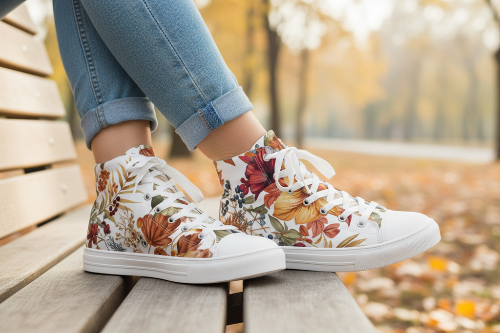 Floral-patterned sneakers worn by a person sitting on a wooden bench with a blurred autumn background.