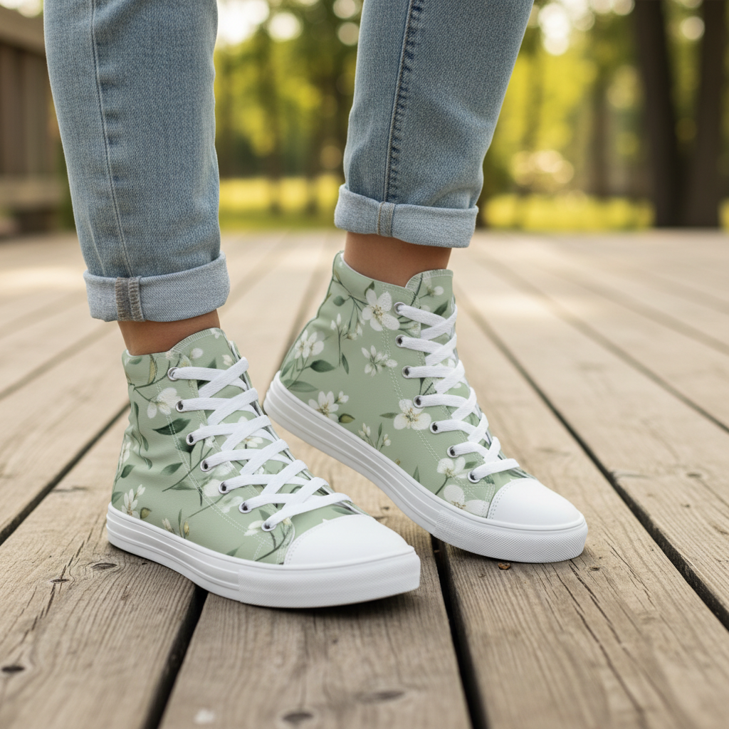 Green floral high-top sneakers with white laces worn on a wooden deck.