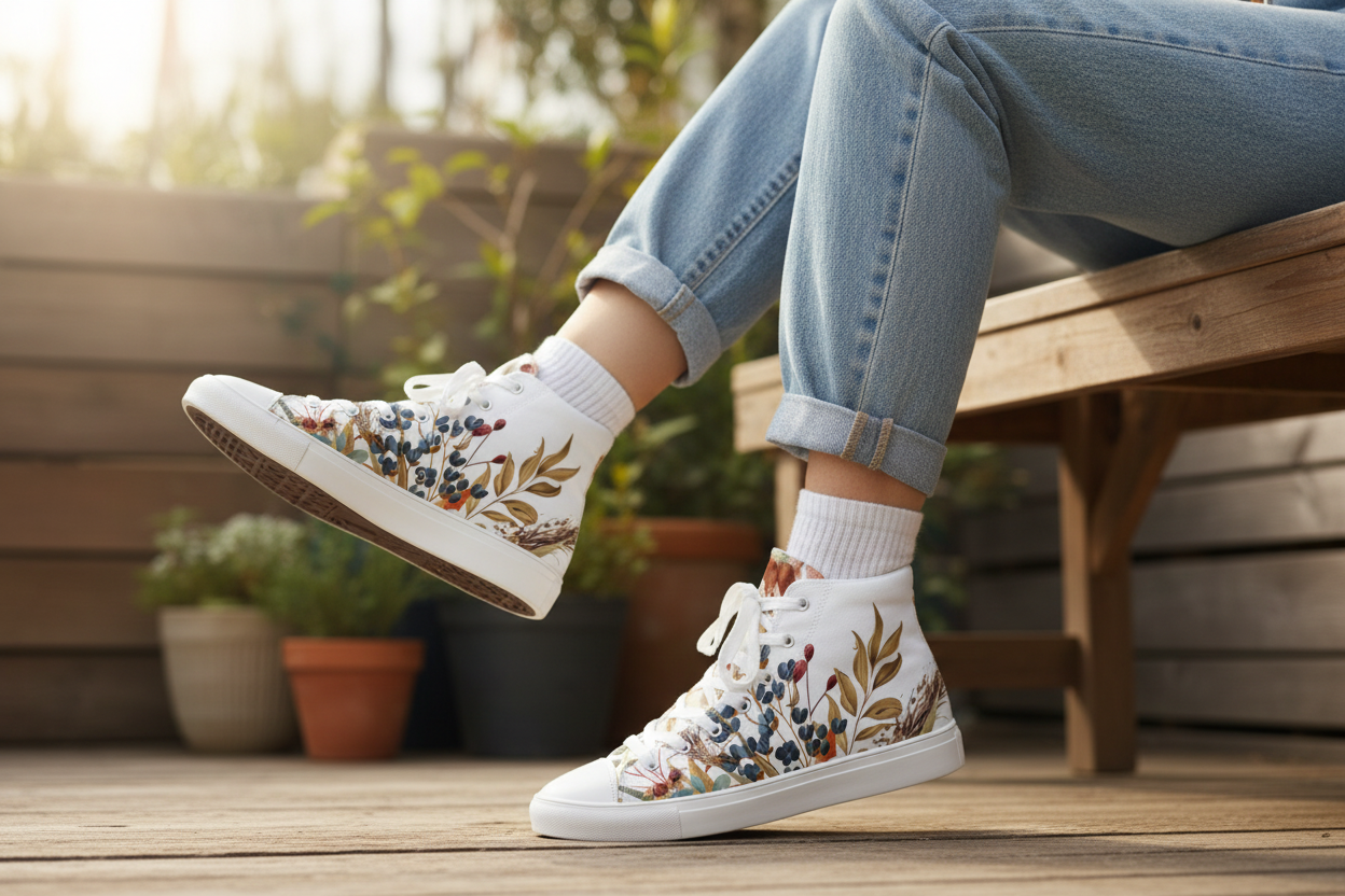 White sneakers with floral patterns worn by a person sitting on a wooden bench outdoors.
