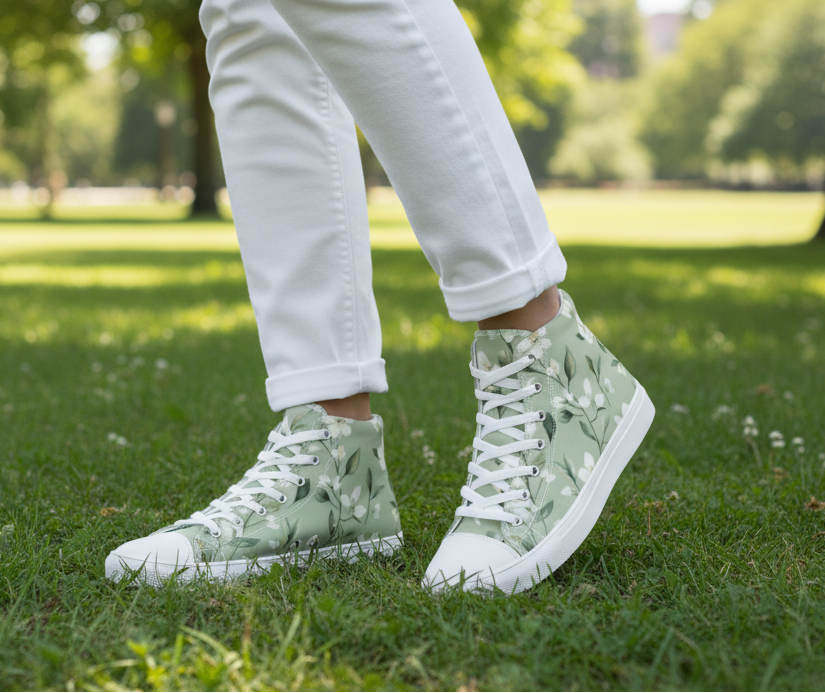 Green floral sneakers worn on grassy ground