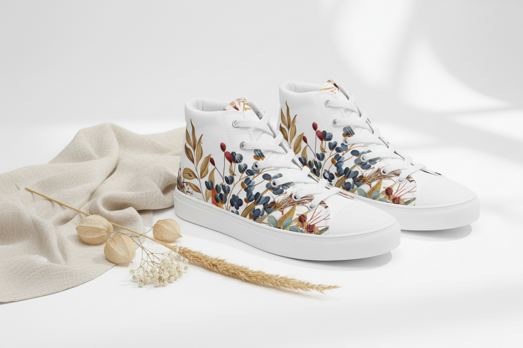 White sneakers with floral design on a light background