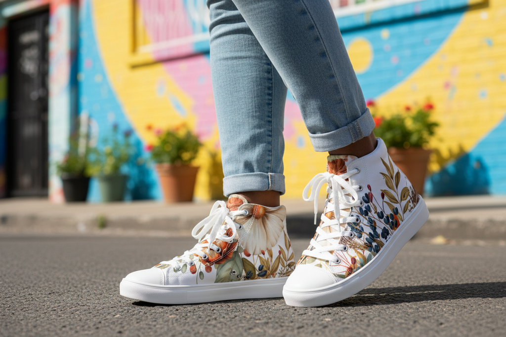 White sneakers with floral patterns worn by a person in front of a colorful mural.