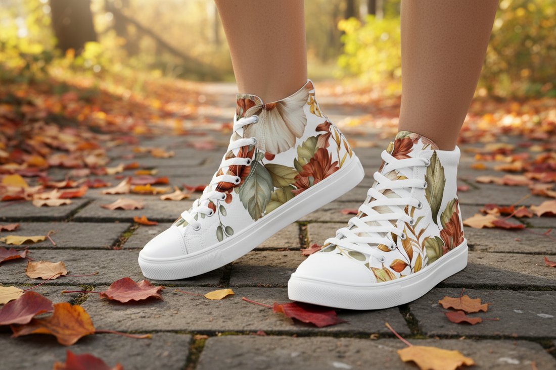 White sneakers with autumn leaf design on a wooden path with fallen leaves.