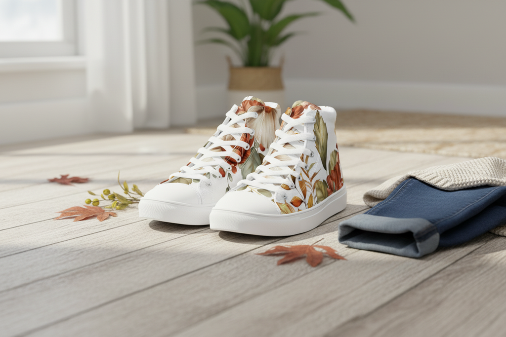 White high-top sneakers with floral design on a wooden floor.