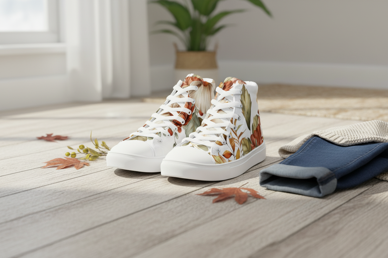 White high-top sneakers with floral design on a wooden floor.