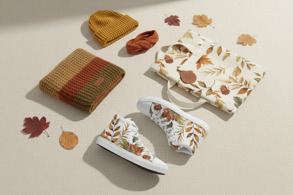 Autumn-themed shoes, wallet, and beanie on a beige surface with fall leaves.