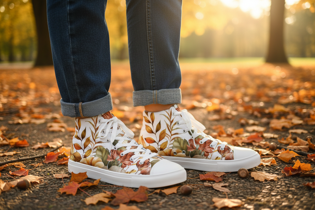White sneakers with floral pattern worn by a person on a leaf-covered ground.