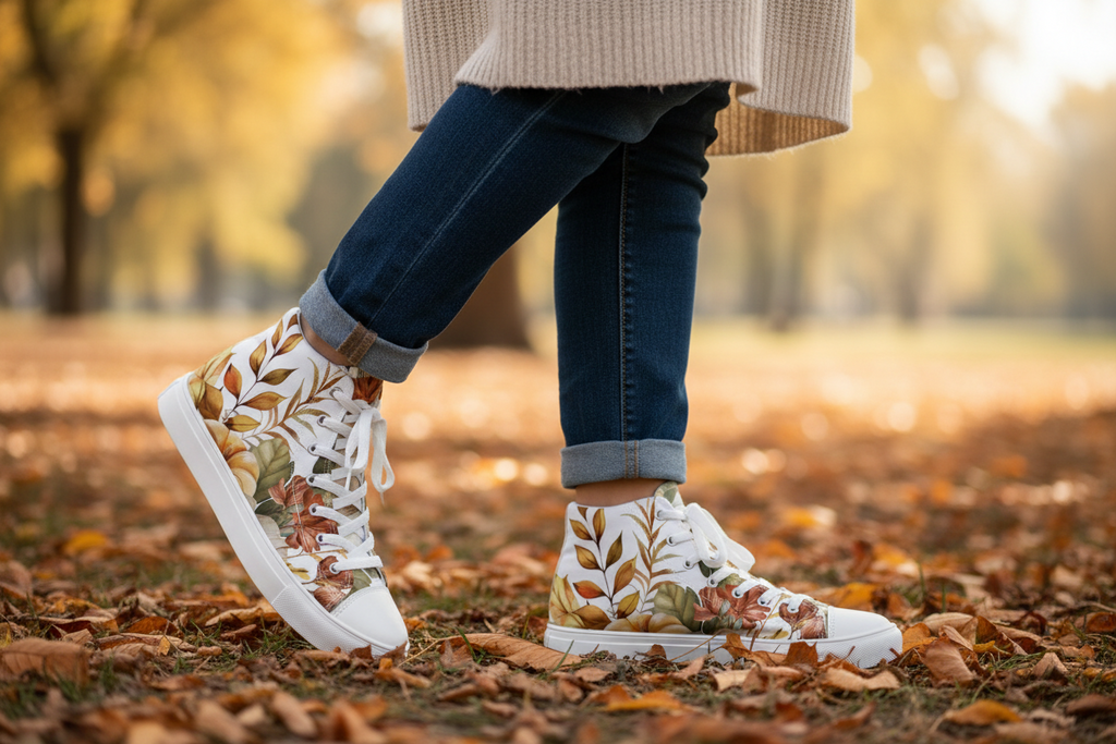 Person wearing floral high-top sneakers in a park with autumn leaves