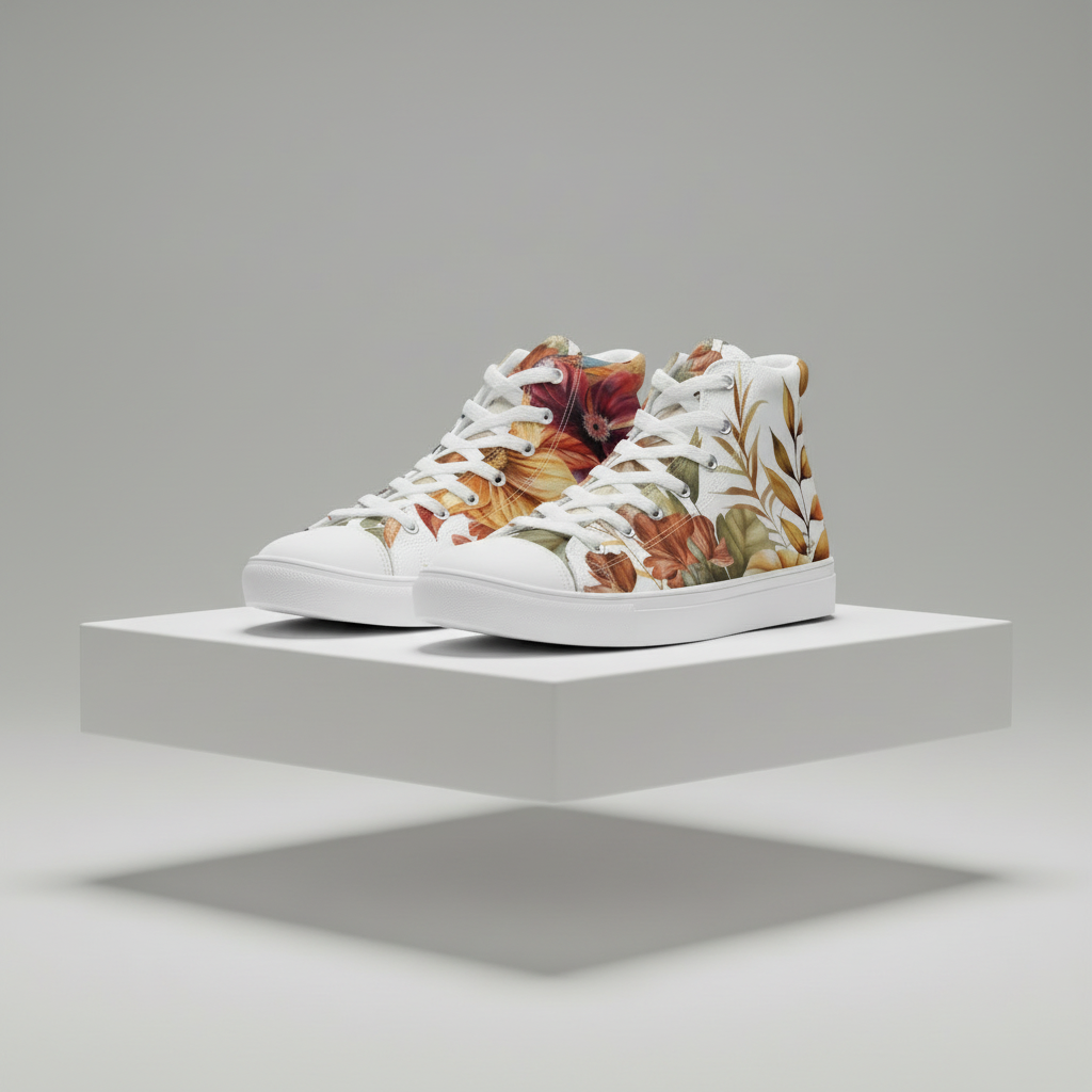 Floral-patterned sneakers on a white platform with a gray background