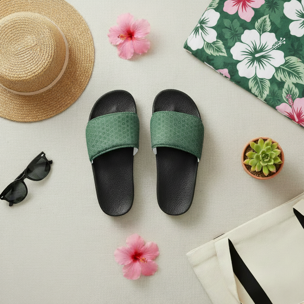 Green and black slides with a straw hat, sunglasses, and flowers on a light surface