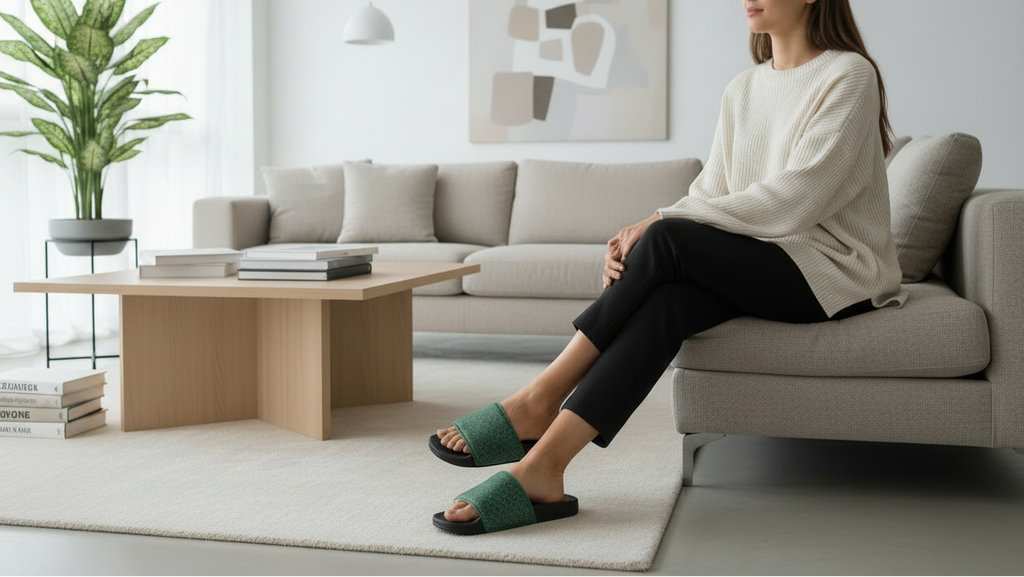 Woman sitting on a couch in a modern living room with a plant and coffee table.