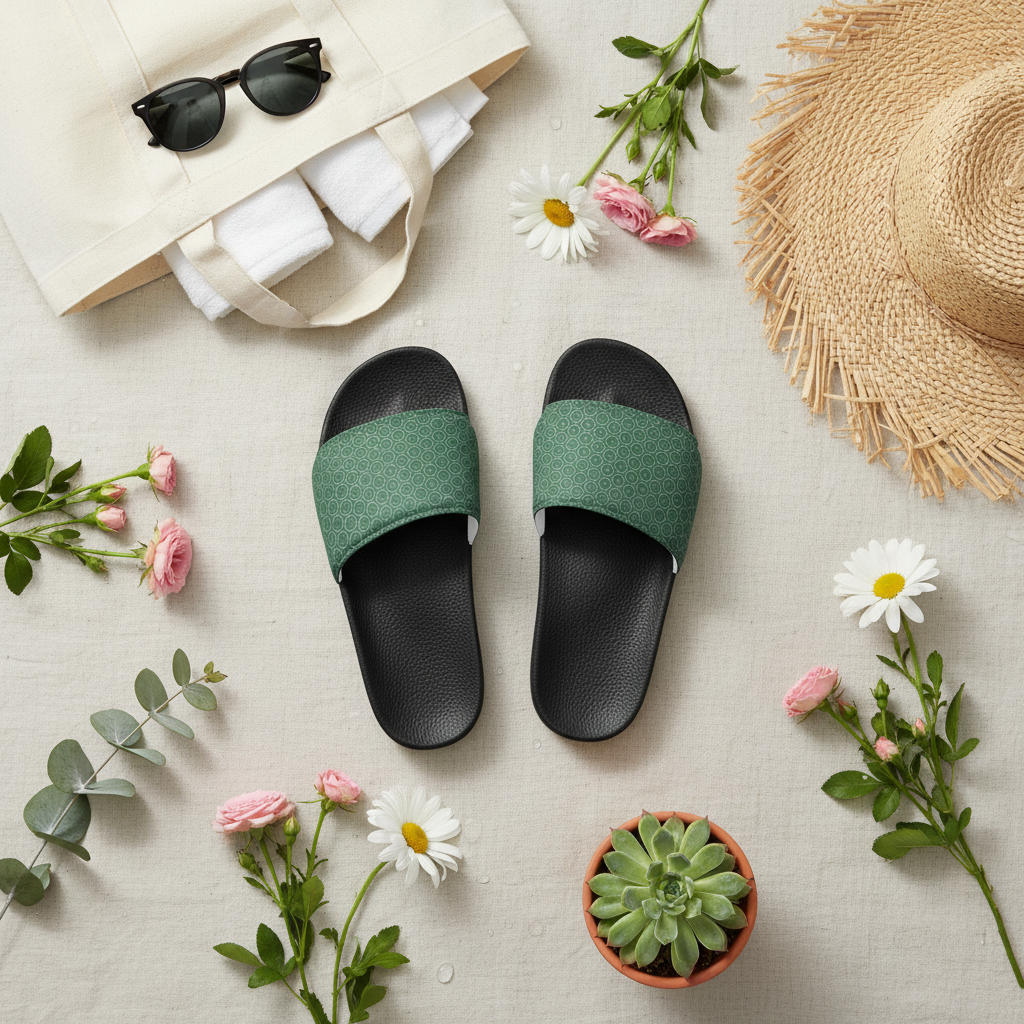 Green and black slides with flowers and a hat on a light surface