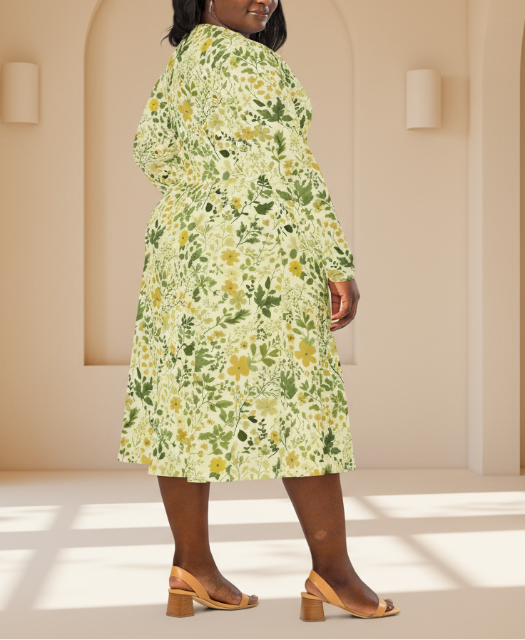 Woman wearing a floral dress in a bright, minimalistic setting